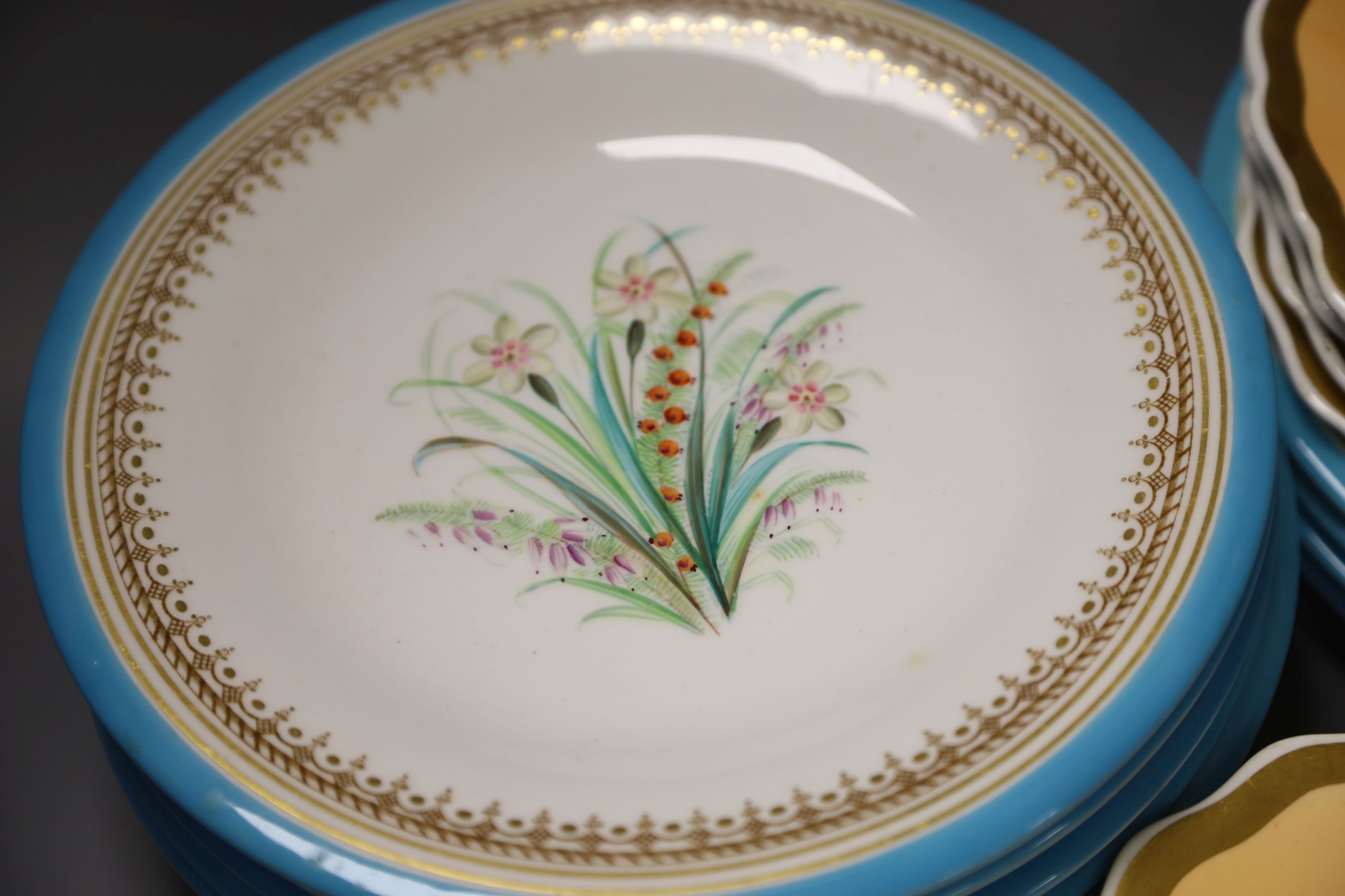 A 19th century Worcester botanical part dessert service ( 9-pce) and a Paris porcelain botanical part dessert service (9-pce, wear to g